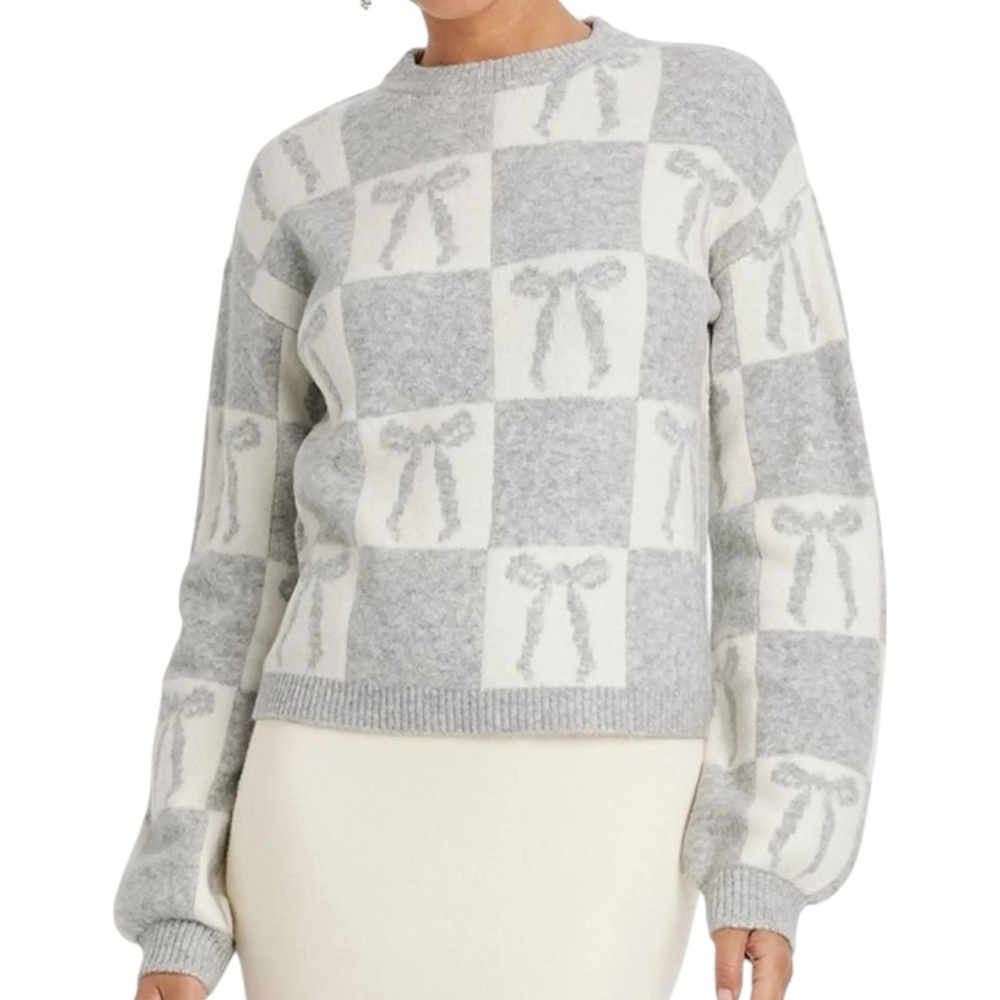 a new day Bow Crewneck Sweaters Gray and White Women's Sweater